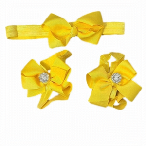 𝅺BAREFOOT Baby Sandals and Headband - Yellow with rhinestones- 6-12m